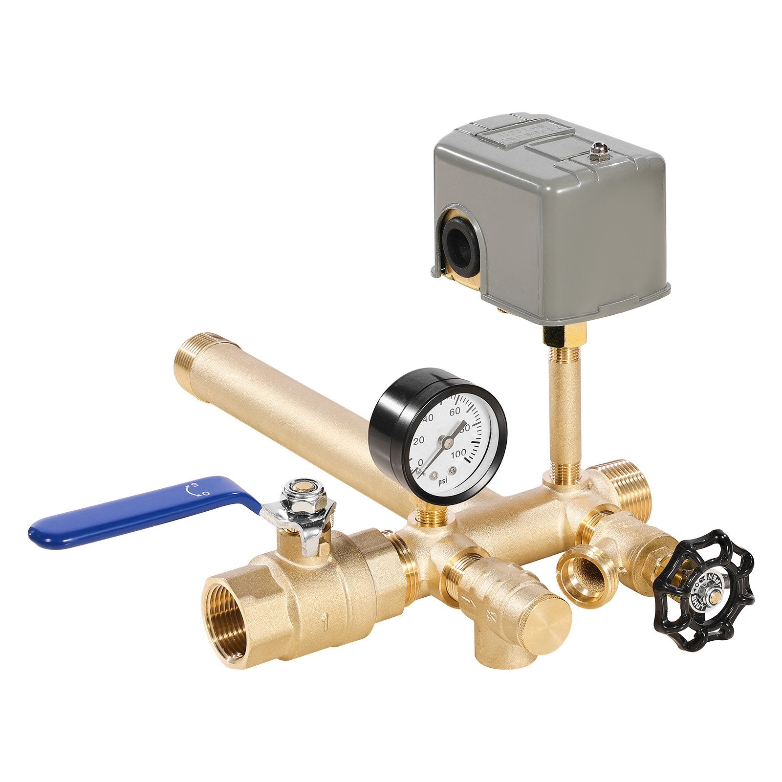 1" X 11" Well Pressure Tank Tee Kit, With 30/50PSI Switch, 8-Pieces Pure Brass Pressure Tank Installation Kit For Water Well, 1 In Gate Valve Included, Fit Most Tanks With Diameter Up To 16 In